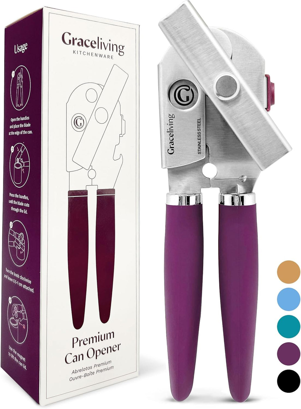 Skiennix Premium Multifunction Magnetic Can Opener - Heavy Duty Stainless Steel with Easy Turn Knob, Mauve