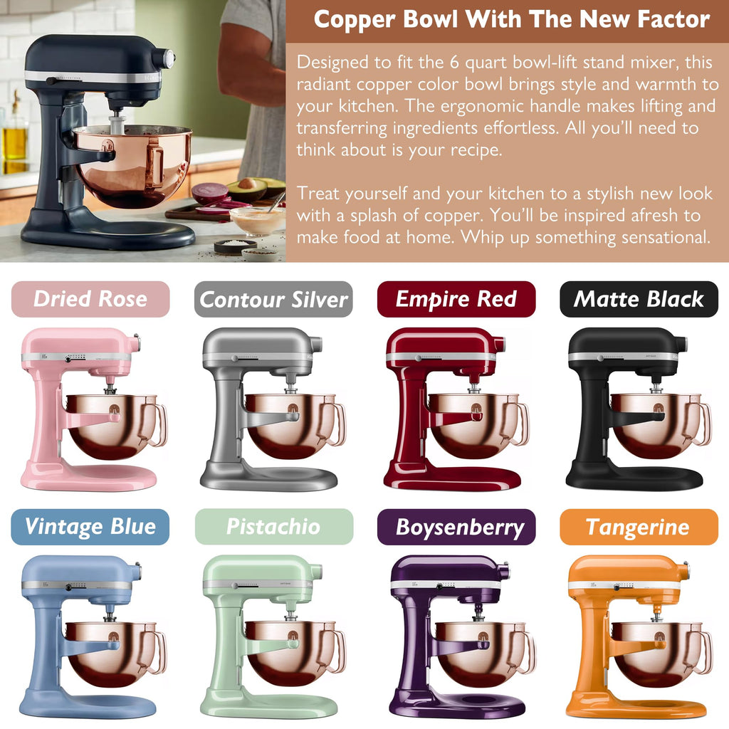 Wiselet Copper Color Stainless Steel 6 Quart Mixing Bowl for Kitchen Aid Professional Bowl Lift Stand Mixer, Heavy Duty Extra Mixer Bowl fits KP26, KB26, Dishwasher Safe, Ergonomic Handle