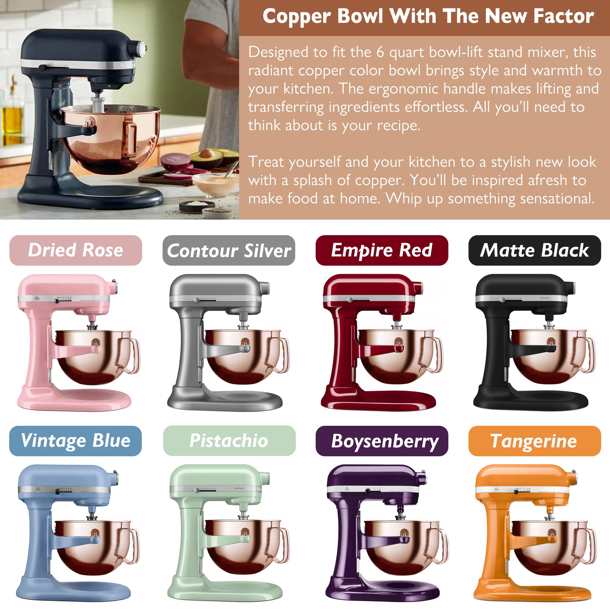 Wiselet Copper Color Stainless Steel 6 Quart Mixing Bowl for Kitchen Aid Professional Bowl Lift Stand Mixer, Heavy Duty Extra Mixer Bowl fits KP26, KB26, Dishwasher Safe, Ergonomic Handle