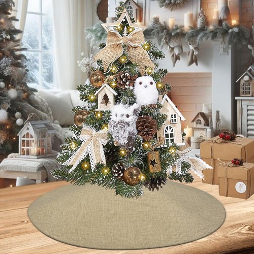 Yuboo Mini Burlap Brown Tree Skirt, 24in Small Double-Layer Linen Rustic Farmhouse Spring Xmas Skirt for Tabletop Tree Countryside Xmas Party Decor Ornaments