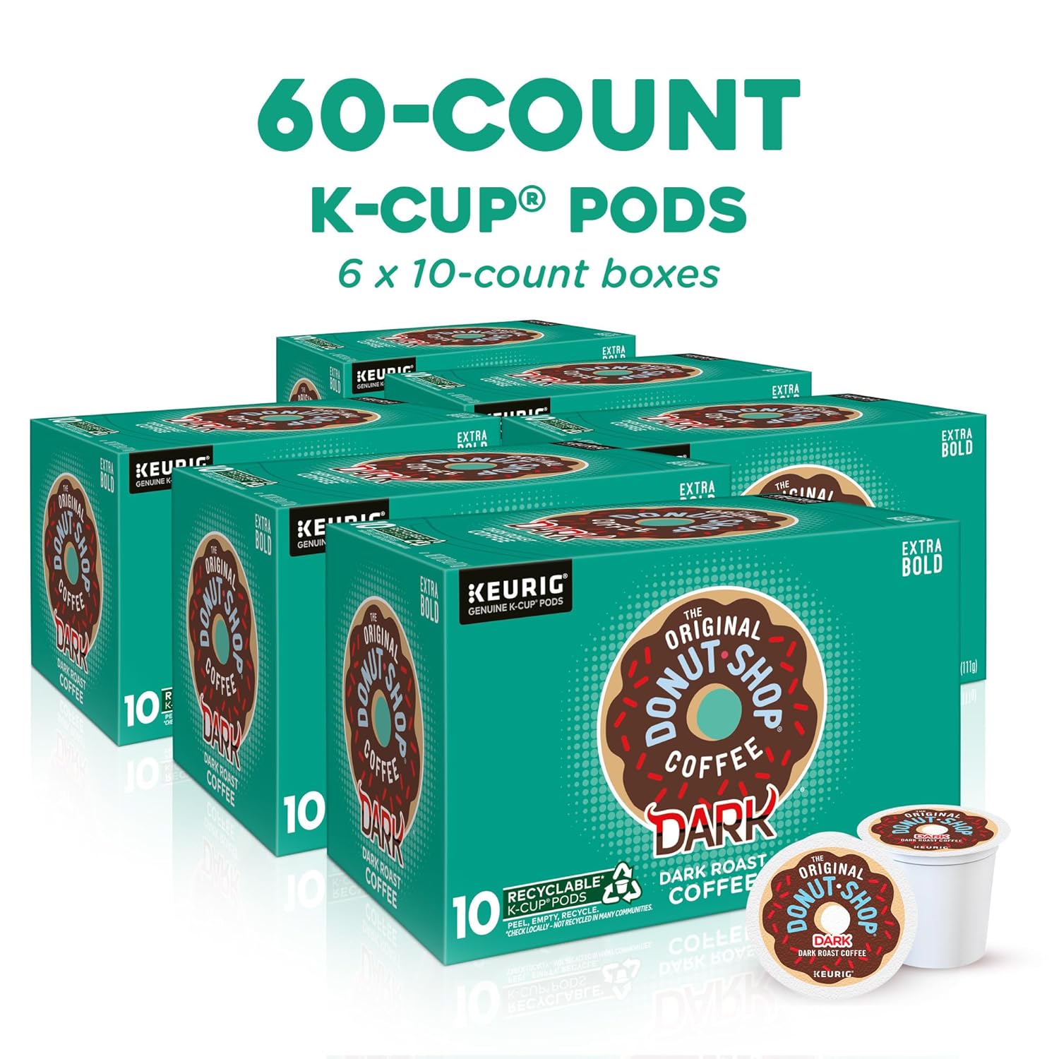 Original Donut Shop Dark Roast K-Cup Pods - Single-Serve Coffee, 60 Count (6 Packs of 10)