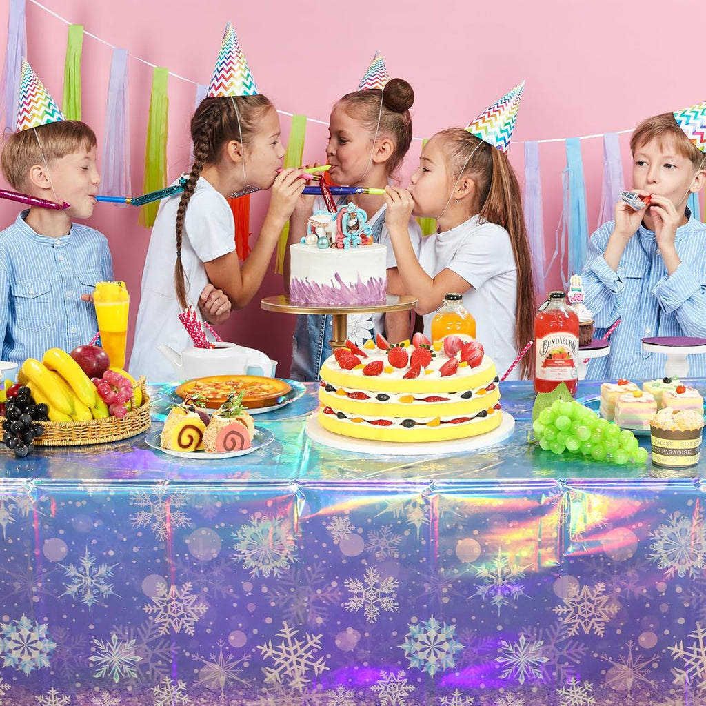Skiennix Iridescent Snowflake Tablecloth - Holographic Blue & Purple | 54x108 Inch Disposable Cover