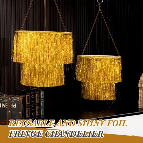 Rossesay 2 Pcs 2 Tier Fringe Tinsel Chandelier Iridescent Foil Party Disco Ball Decor Chandelier Decoration Metallic Foil Shimmering Bachelorette Party Decor Photo Booth Supplies(Gold)
