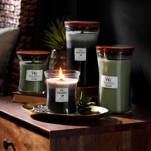 WoodWick Medium Hourglass Scented Trilogy Candle | Warm Woods | with Crackling Wick | Up to 60 Hours Burn Time