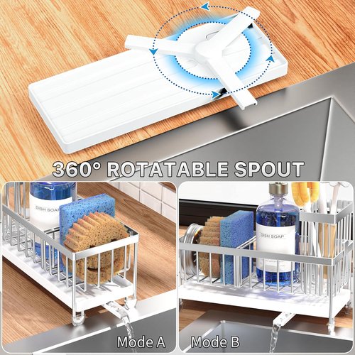 Cisily Kitchen Sink Caddy Organizer - Rustproof 304 Stainless Steel with High Brush Holder | Silver, 9.25”