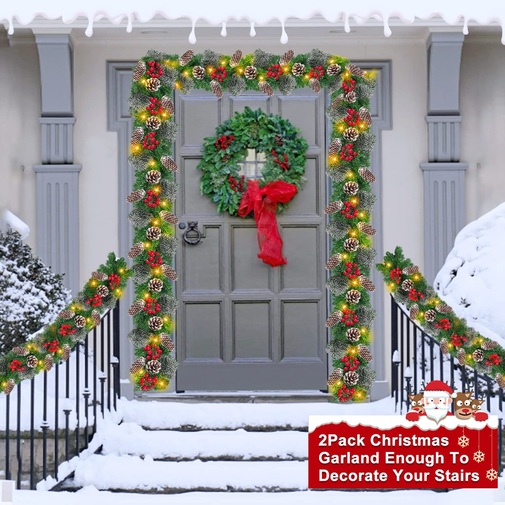 2 Pack Prelit Christmas Garland Each 9 Ft 100 Lights Timer 8 Mode, Cedar Garland Thick 300 Tips Snowy Bristle Pine 198 Berry 18 Pinecones Battery Operated Mantle Xmas Decoration Total 18 Ft 200 LED