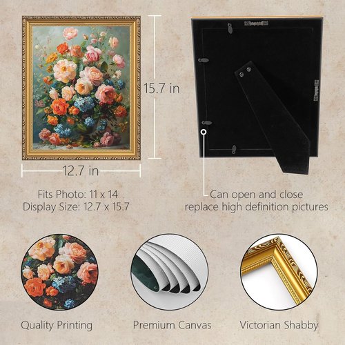 MIEVU Gold Vintage Framed Wall Art - Elegant Floral Canvas Prints for Home Decor | 11x14in