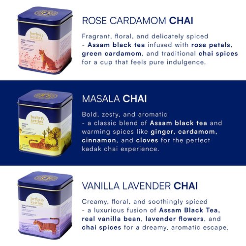 Herbs & Kettles Chai Gift Set | Masala Chai, Rose Cardamom Chai & Vanilla Lavender | Premium Loose Leaf Tea Collection | Elegant Tea Gift Box for Birthdays, Holidays & Special Occasions