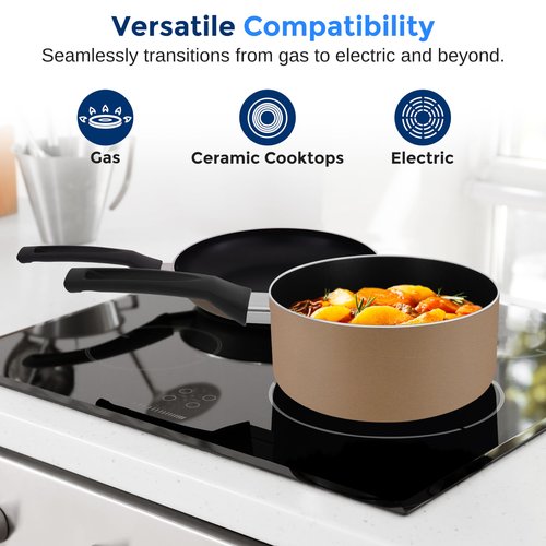 SereneLife Kitchenware Pots & Pans Basic Kitchen Cookware, Black Non-Stick Coating Inside, Heat Resistant Lacquer (11-Piece Set), One Size, Gold