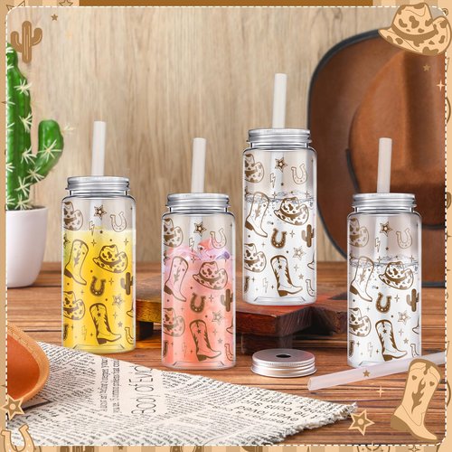 Qinyoung 24 Pcs Western Cowgirl Cowboy Plastic Tumbler 14.2 oz Cowgirl Party Favors Reusable Cups with Lids and Straws Decoration Iced Coffee Cup My First Rodeo Decorations(Classic Style,Brown)