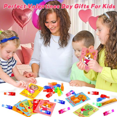 30 Pack Valentines Day Gifts for Kids Classroom Animal Finger Lights Toys with Valentine Day Cards for Kids School, Valentines for Class Exchange Cards Gifts Prizes Party Favors for Boys Girls
