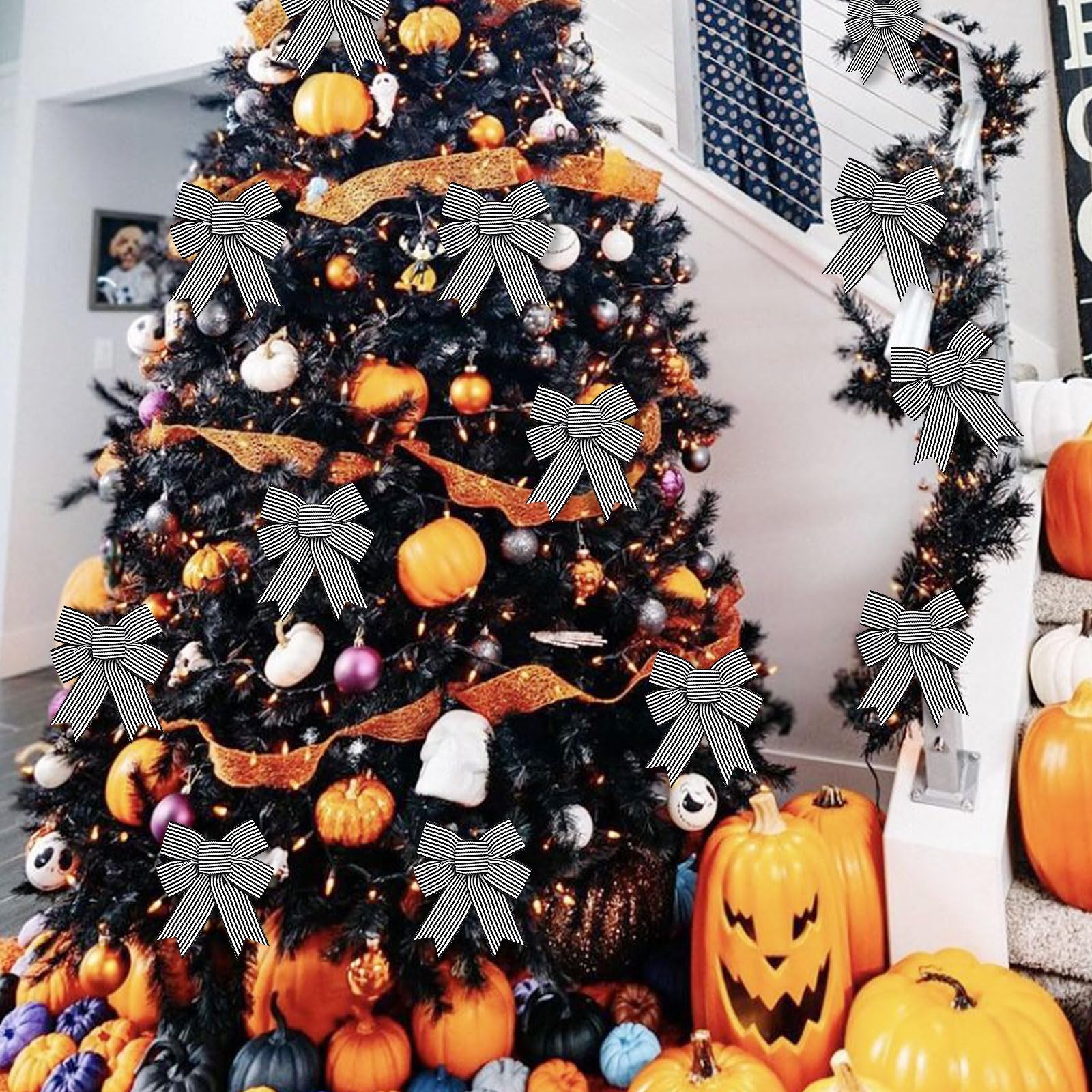 Tsorode 12 Pcs Christmas Bows for Tree,5 x 7 Inch Black and White Striped Christmas Tree Bows for Wreaths Gift Wrapping Garland, Xmas Decoration Holiday Party Decor Tree Ribbon Ornaments Crafts