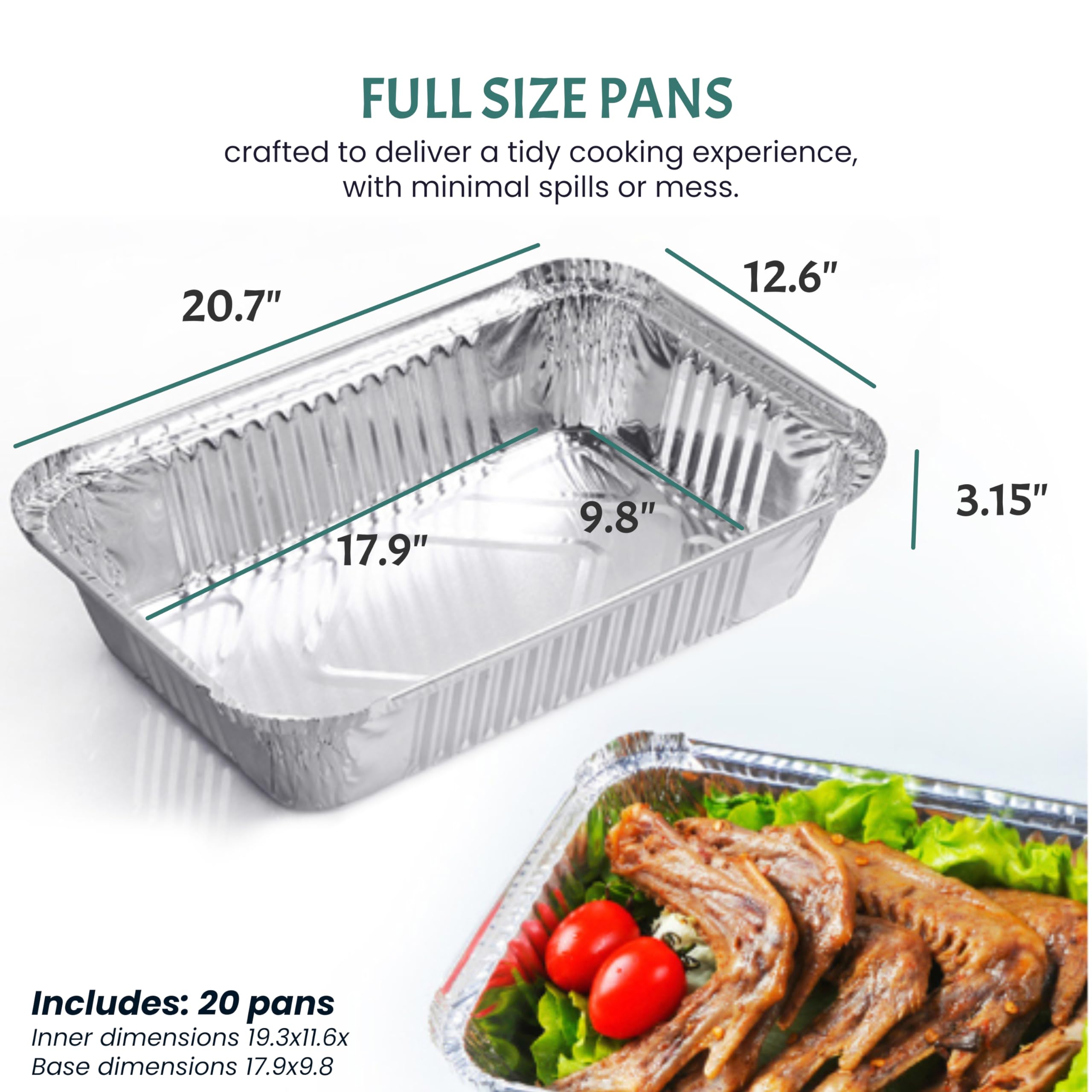 FUNSTITUTION Full Size Large Aluminum Foil Pans (20 Pack) - Full Size Large 21x13 Tin Foil Pans with High Heat Conductivity - Disposable Cookware For Baking, Grilling, Cooking, Storing, Prepping