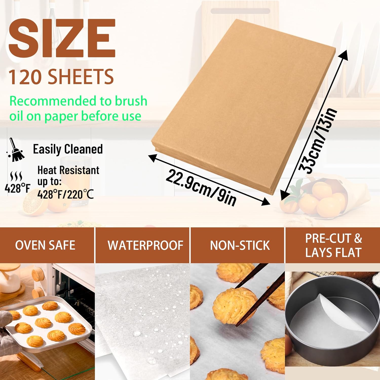 Skiennix Parchment Paper Sheets - 120 Pcs Non-Stick & Unbleached Baking Liners | 9 x 13 Inch, Heat Resistant