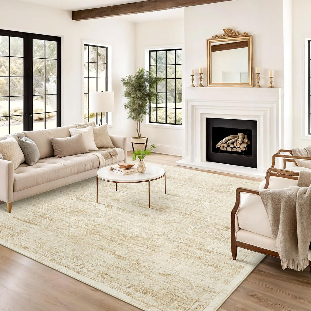 Soalmost Washable Area Rug - Vintage Beige 8x10 Soft Non-Slip Rug for Living Room & Bedroom
