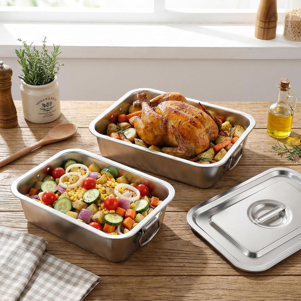 Skiennix 4-Inch Extra Deep Lasagna Pan - Nonstick Stainless Steel Baking Dish with Lid & Handles | 14x10.6 Inch Silver