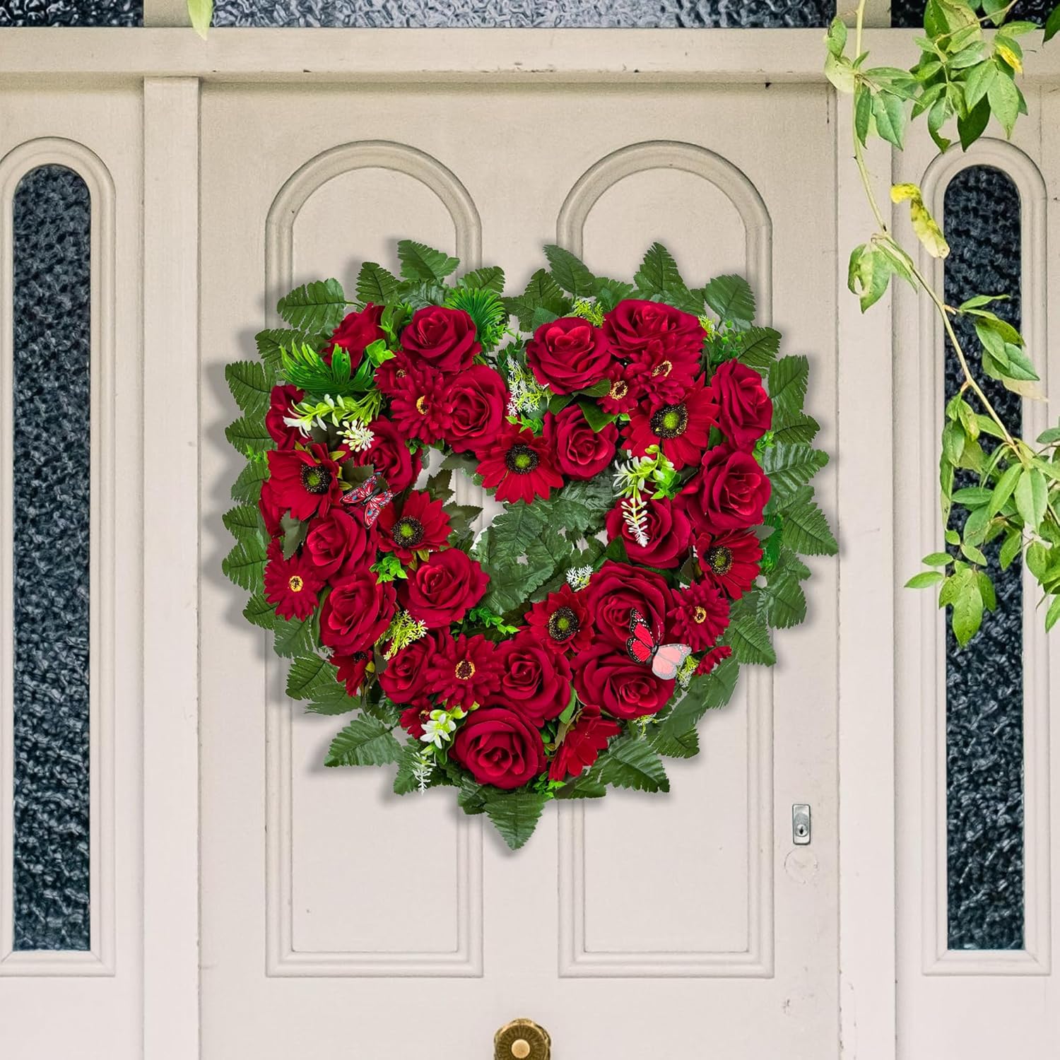 Regine Switzerland Cemetery Wreath - Heart-Shaped Remembrance Floral with 30-Inch Easel Stand | Red Rose