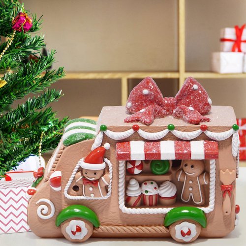Hodao Gingerbread Sweets Truck Figurine – Resin Christmas Decorations for Home, Indoor Tabletop Decor, Candy & Cupcake Details, Cute Holiday Ornaments, Mini Collectible Gift for Families