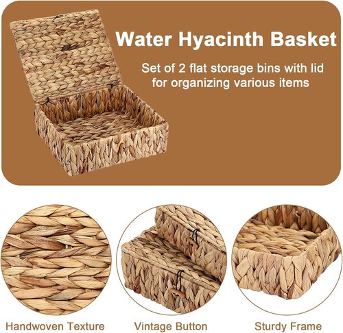 Natural Water Hyacinth Basket Set by [Brand Name] - Handwoven Rectangular Bins with Lids for Stylish Home Organization