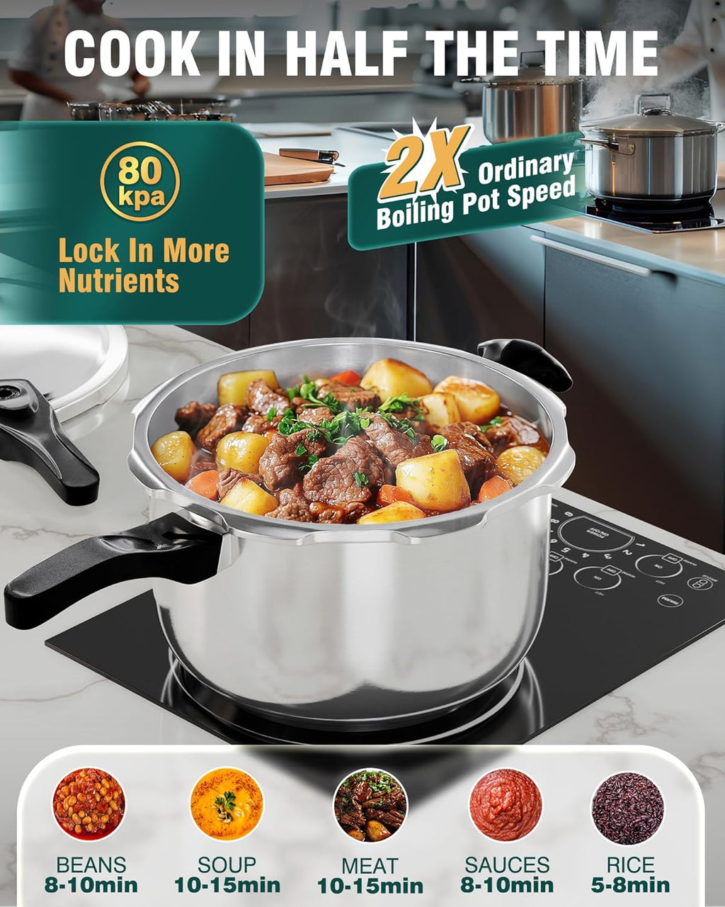 WantJoin Stainless Steel Pressure Cooker - 10 Quart Induction Compatible with Spring Valve Safety Features