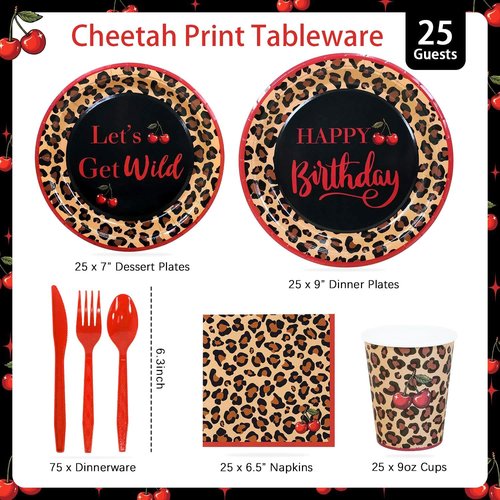 Red Cheetah Print Birthday Party Decorations Plates Set 25 Guests,175pcs Plates Napkins Cups Cutlery Set, Y2K Cherry Leopard Print for Girls Night Big Mama Women