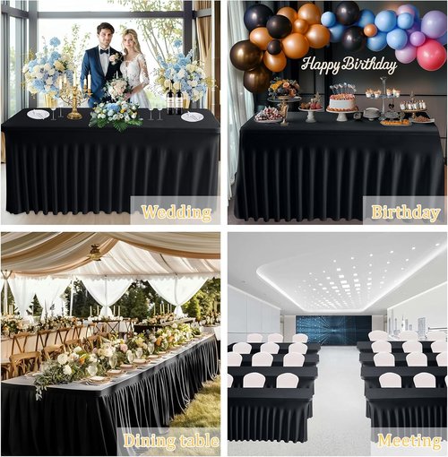 JCJ Table Skirt - Fitted Black Spandex Tablecloth for 4FT Rectangle Tables | Wrinkle Resistant Ruffles