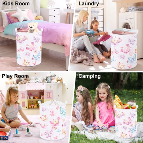 Clastyle Large Purple Pink Butterfly Laundry Basket Waterproof Flower Clothes Nursery Hamper for Baby Girl Collapsible Toy Storage Gift Basket for Kid Bedroom Decor
