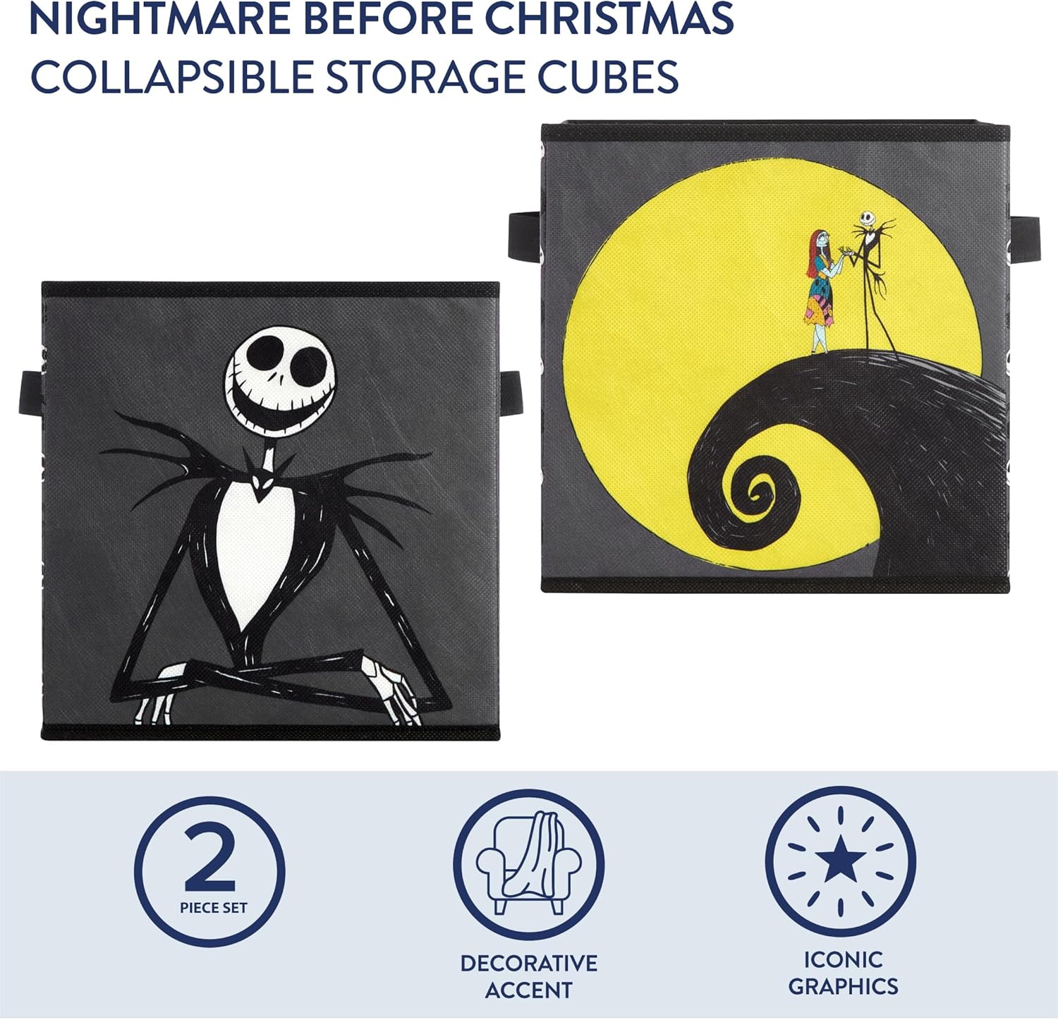 Nightmare Before Christmas Jack and Sally Storage Cubes - Durable 10"x10"x10" with Handles