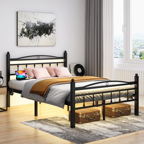 Jenmit Full Size Bed Frame with Headboard,Metal Platform Bed Frame with Charging Station & LED Lights,12in Storage Space Under Bed, No Box Spring Needed, Noise Free, Easy Assembly, Black
