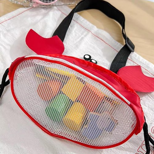 Linsiter Mesh Beach Toy Bag, Crab-Shaped Shell Collecting Bag with Adjustable Shoulder Strap, Cute Sand Toy Storage for Kids, Red
