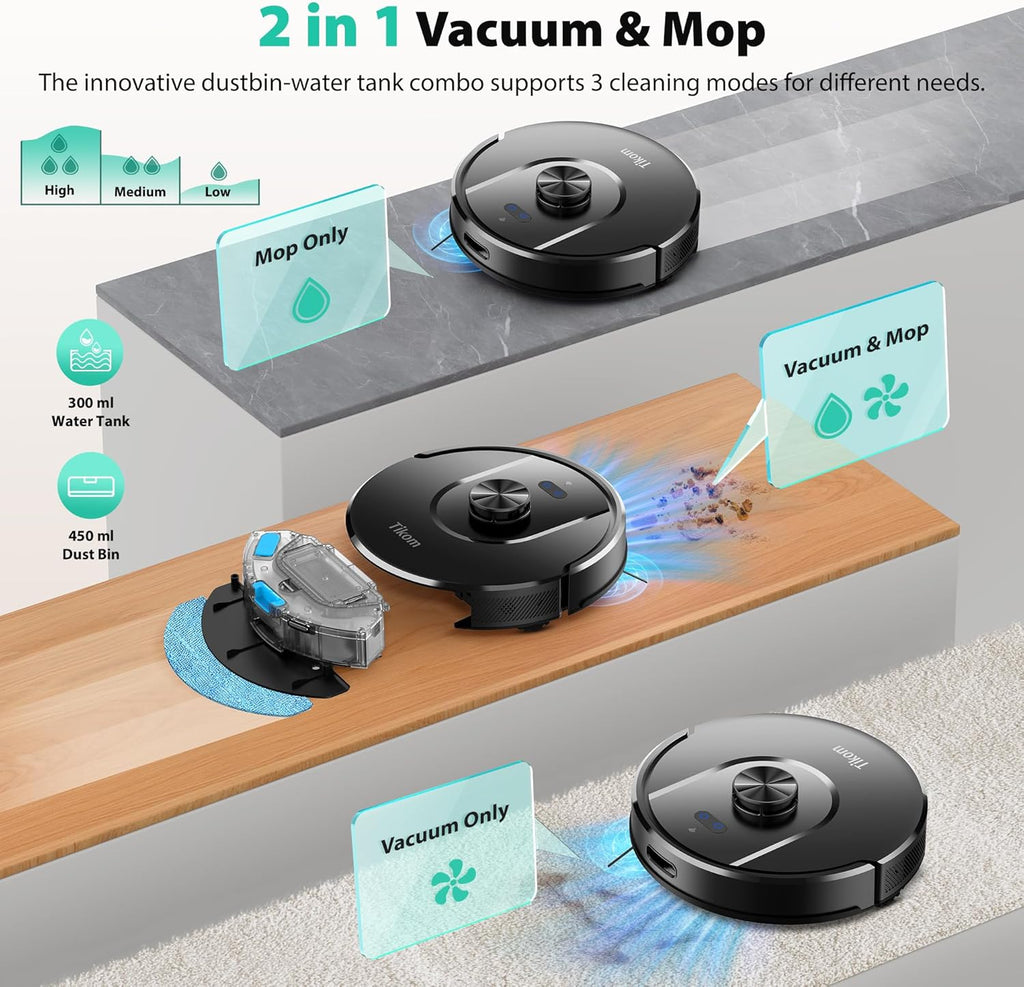 Tikom Robot Vacuum - 6000Pa Self-Emptying Robotic Cleaner with LiDAR Navigation | Ideal for Pet Hair & Carpets (L8000 Plus)