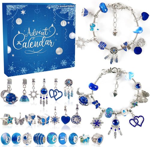 Advent Calendar Charm Bracelets 2025 - DIY Jewelry Making Kit with Blue Beads | 24 Days Christmas Countdown Gift for Girls