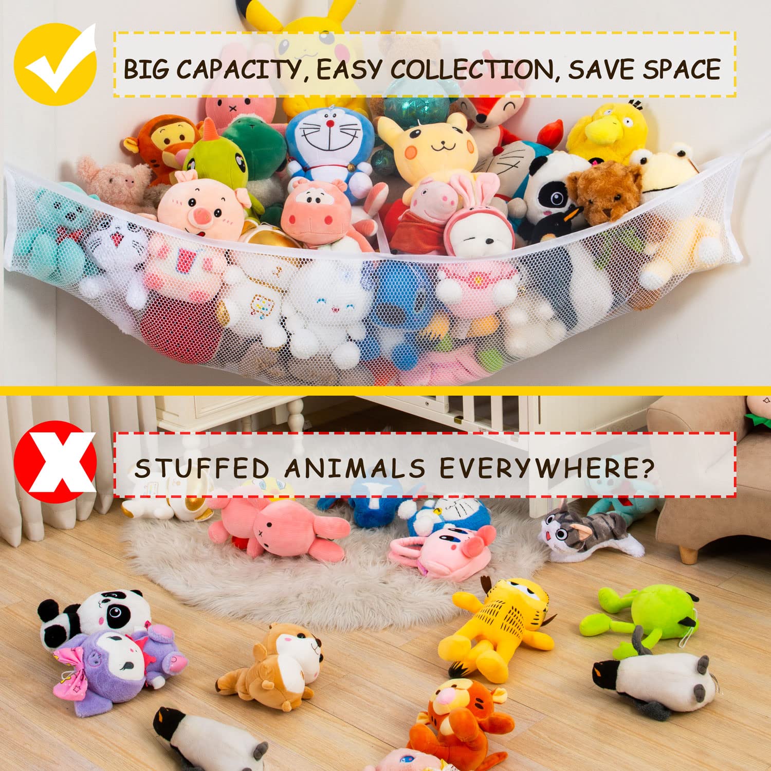 X-Large Stuffed Animal Net for Corner Storage | Fixed Shape Non-Stretch Toy Organizer, No Sag | Holds 60 Plushies, Mesh Toy Net for Teddy, Squishmallow, Kids Room (White 2 Pack)