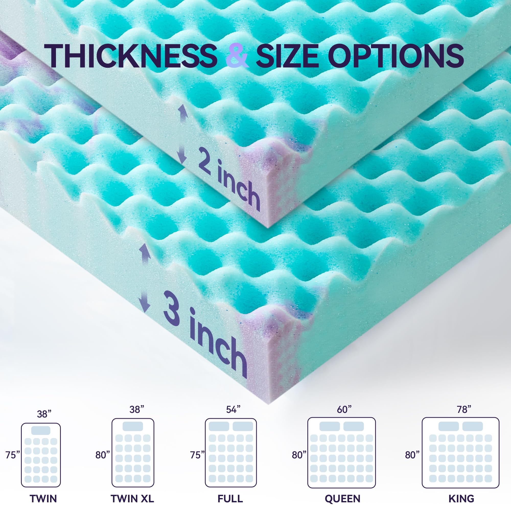 SINWEEK 2 Inch Egg Crate Memory Foam Mattress Topper Twin Size, Soft Mattress Pad for Back Pain Relief, Bed Topper, CertiPUR-US Certified, Colorful