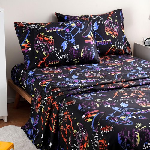 JSD Black Gaming Sheet Set Twin Size, 3 Piece Soft Kids Boys Printed Microfiber Bed Sheets Deep Pocket