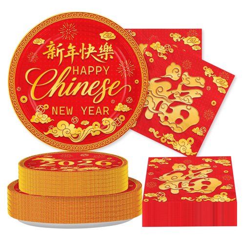 Greencian 200Pcs Chinese New Year Decorations Lunar New Year Paper Plates and Napkins Spring Festival DisposableTableware for 2026 Happy Chinese Spring Festival Decorations Serves 50