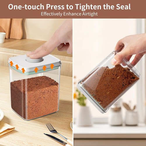 Mutclord POP Airtight Brown-Sugar Keeper-Container - 1.3Qt(42Oz/1.2L) Clear Jar | 1/2 Tablespoon Scoop | Brown Sugar Saver | Stackable One-Touch Opening