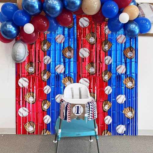 FESTFINDS 2 Pack Baseball Tinsel Foil Fringe Curtains Backdrop Party Decorations, Blue and White Red Door Streamers Banner Sports Themed Birthday Party Decor Supplies for Boys Favor