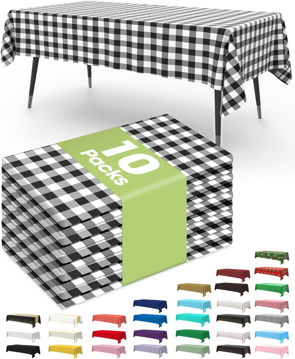 Pureegg Disposable Plastic Tablecloths - 10 Pack, 54 x 108 Inch, Leakproof Black & White Gingham Design