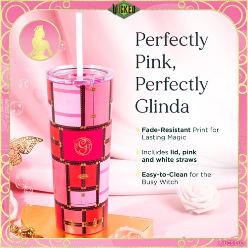 Dragon Glassware x WICKED Vacuum Insulated Tumbler with Lid and Straw - 24 oz Tumbler Cup with 2 Straws - Stainless Steel Tumbler with Straw for Water, Iced Tea - Wicked Glinda Tumbler
