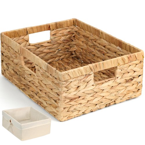 Wicker Shelf Storage Baskets for Organizing - Natural Water Hyacinth Woven Basket Organizers & Storage for Shelves w/Handles & Cotton Liner for Home & Pantry Decor Organization, Large 15” x 12” x 6”