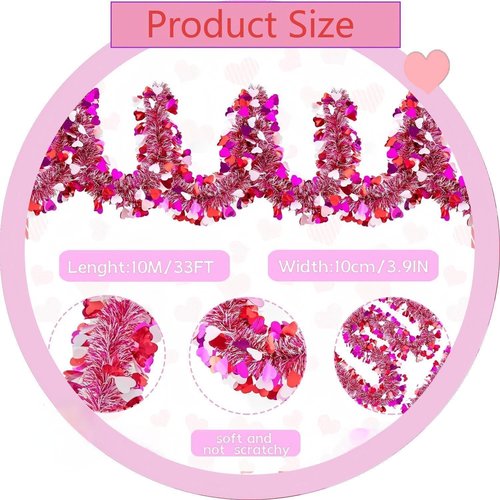33ft Valentine Garland, Metallic Tinsel Decor |Red, Pink & White Sparkling Heart Garland with Glitter, Perfect for Wall, Party, and Photo Backdrop Valentine's Day Decorations.