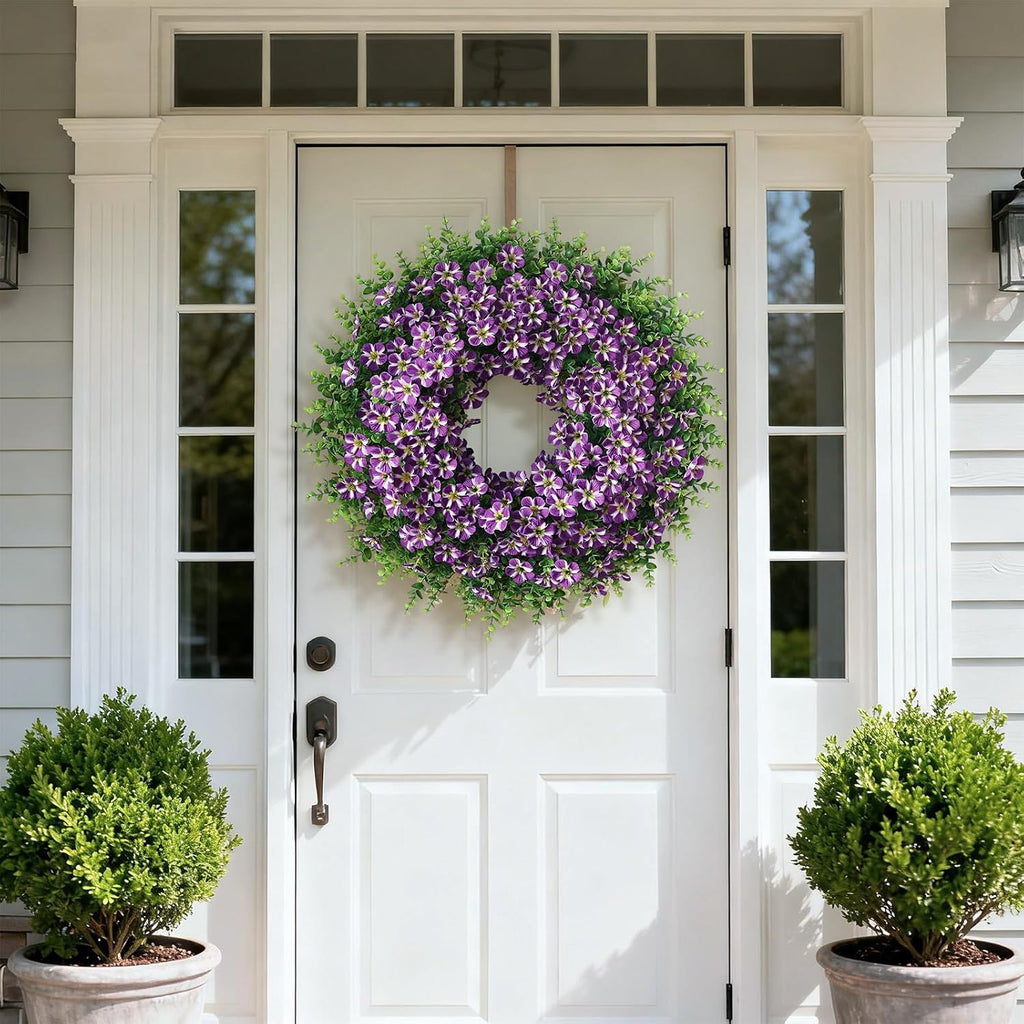 Skiennix 26" Large Artificial Eucalyptus Wreath - Realistic Faux Silk Morning Glory Flowers in Purple for Home, Farmhouse & Wedding Decor