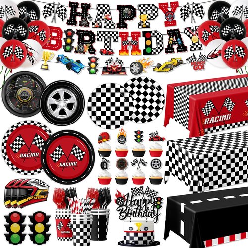 Race Car Birthday Party Decorations,185pcs Cars Birthday Decorations Plates and Napkins Cups Tablecloths,Cake Topper,Balloon for Racing birthday Decorations,Serves 24