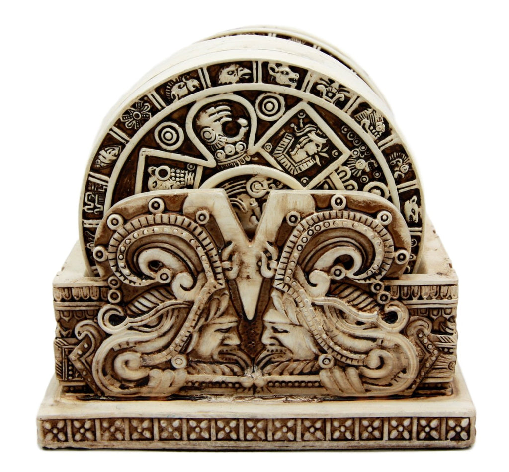 Gifts & Decors Ancient Aztec Demonic Gods Warrior Rank Symbols Set of 6 Coasters with Holder Figurine