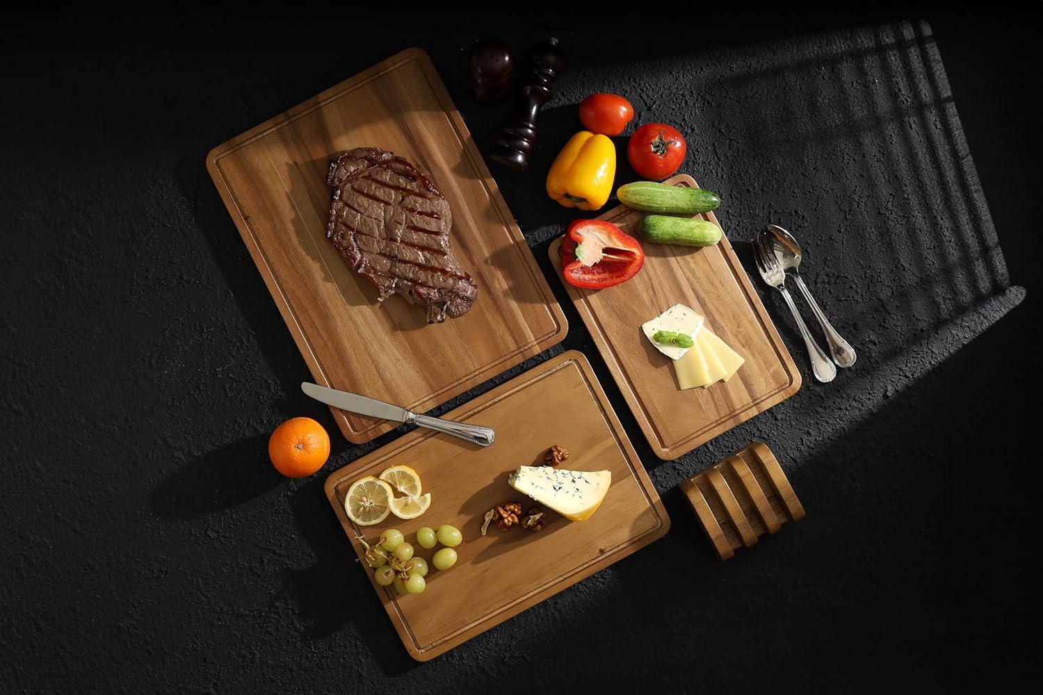 Sango Acacia Cutting Board Set - 3-Piece Wood Chopping Boards with Juice Grooves & Hanging Holes | Stackable, Reversible, Non-Toxic Design for Kitchen