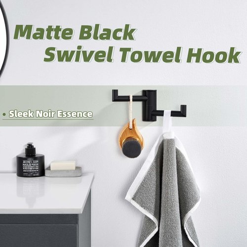 APLusee Swivel Towel Hook 2 Arms Matte Black, 304 Stainless Steel Bathroom Double Towel Holder, Folding Robe Hook Wall Mounted