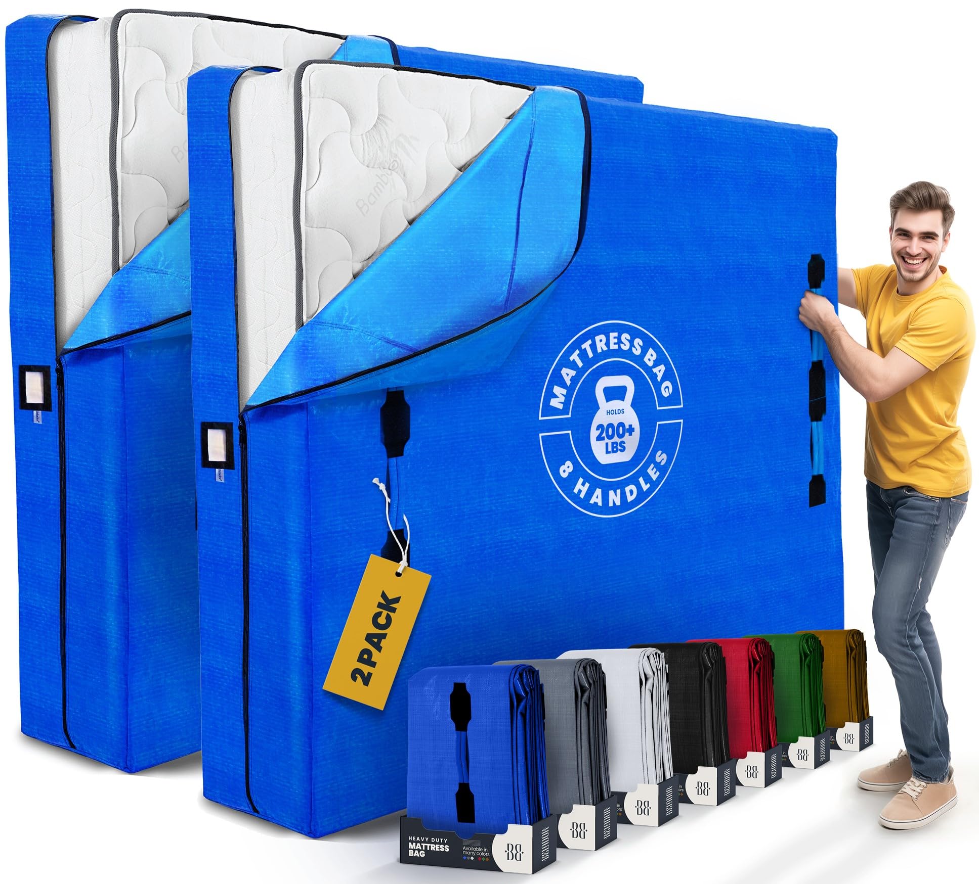 Cali King Mattress Bags - 2 Pack Extra-Thick Reusable Storage Bags with Zippered Closure and 8 Handles for Moving Protection