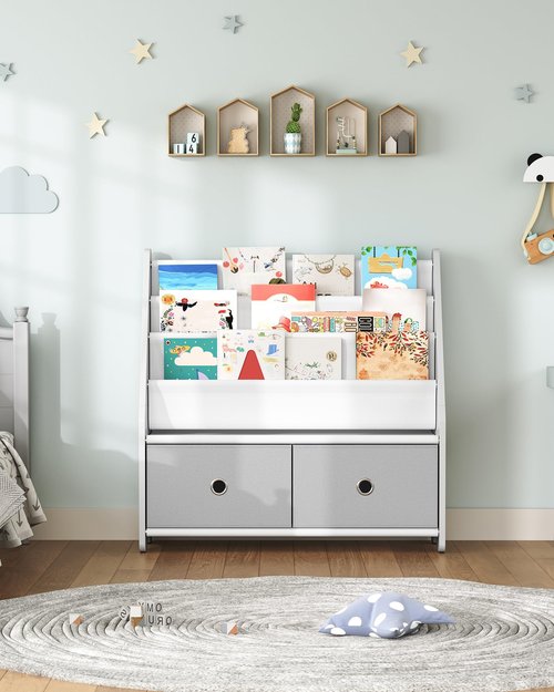 CHOEZON Kids Bookshelf and Toy Storage, 4 Tier Large Capacity Kids Book Rack, Sling Kid Bookcase, for Kids Room, Nursery, Playroom, White and Gray MCW06WT