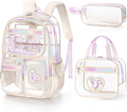 Fimibuke Clear Backpack - Heavy Duty PVC Transparent Design | 3-Piece Set with Lunch Box & Pencil Case